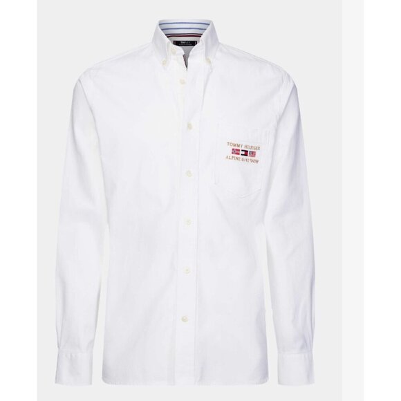 Tommy Hilfiger The Flex White Crisp Cotton Embroidered Preppy Button up Shirt L - Picture 1 of 7